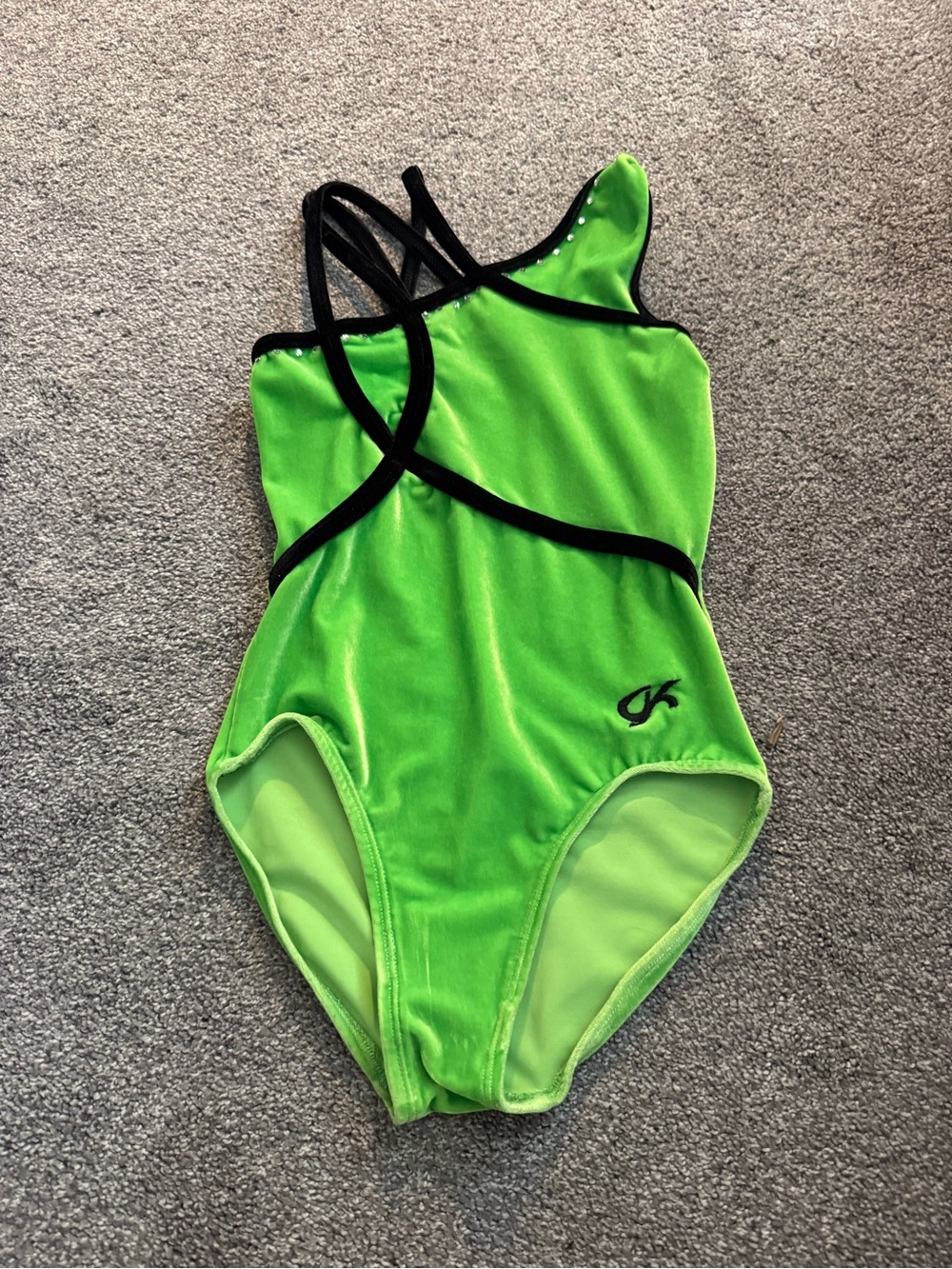 GK Elite Green Velvet One-Piece Leotard with Black Trim Sz CL